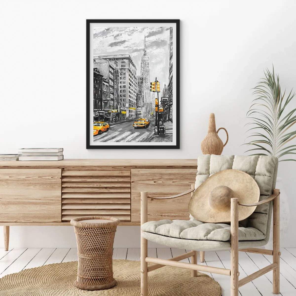 Poster in cornice nera - Una strada di New York con taxi gialli sullo sfondo - 50x70cm - Racconto di New York - Decorazione murale moderna per soggiorno e camera da letto ARTTOR