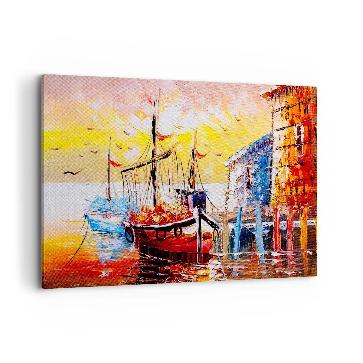 Quadro su tela - Stampe su Tela - Pittoresco porto al tramonto con barche da pesca - 120x80cm - Ritorno felice - Decorazione murale moderna per soggiorno e camera da letto ARTTOR