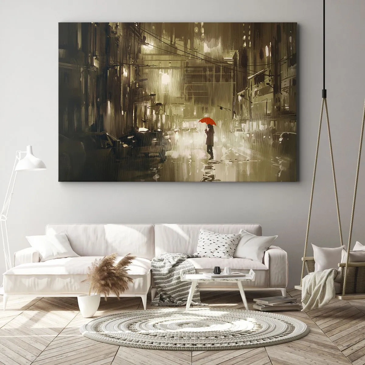 Quadro su tela - Stampe su Tela - Una figura con un ombrello rosso in una città piovosa - 70x50cm - Sola ma non solitaria - Decorazione murale moderna per soggiorno e camera da letto ARTTOR