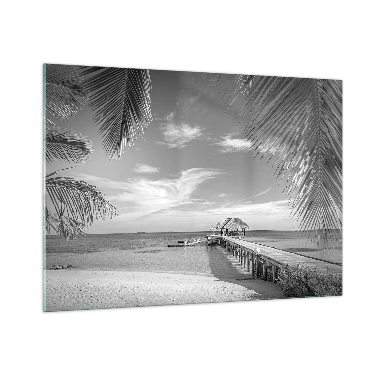 Quadro su vetro - Ripresa in bianco e nero di una spiaggia tropicale con un molo - 100x70cm - Un ricordo o un sogno? - Decorazione murale moderna per soggiorno e camera da letto ARTTOR