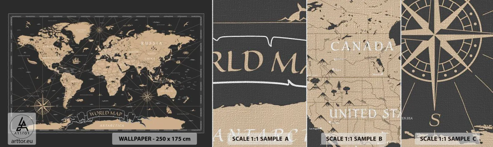 Campione di Fotomurale Premium Canvas - I confini del mio mondo - Mappa del mondo, Vintage ▾, retrò - 100x30 cm
