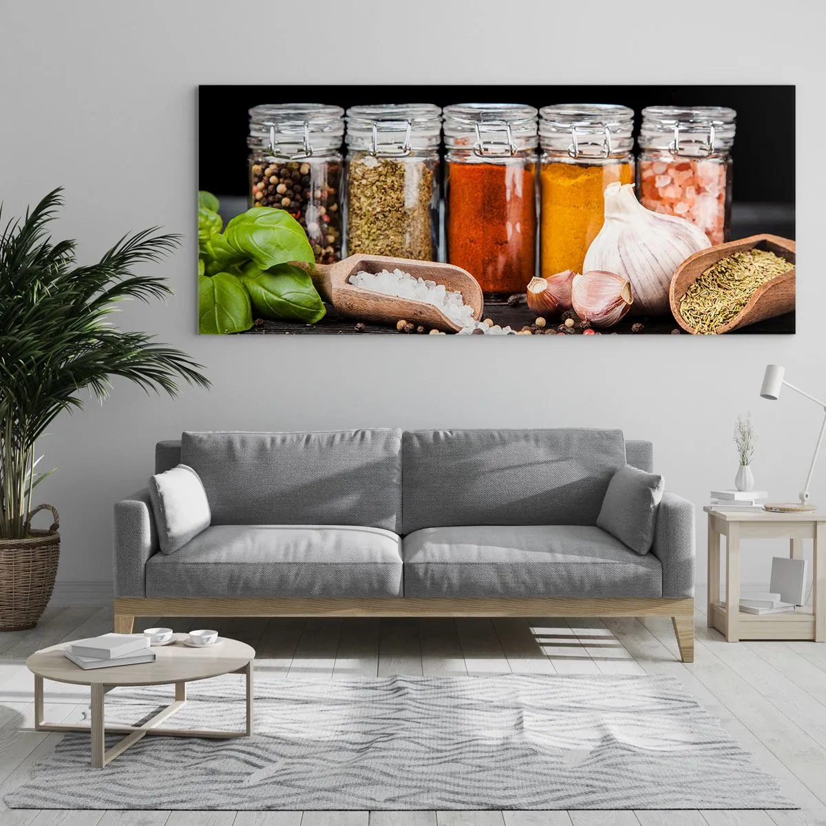 Quadro su vetro - Erbe e spezie in barattoli di vetro su sfondo scuro - 120x50cm - Perché la vita abbia sapore - Decorazione murale moderna per soggiorno e camera da letto ARTTOR