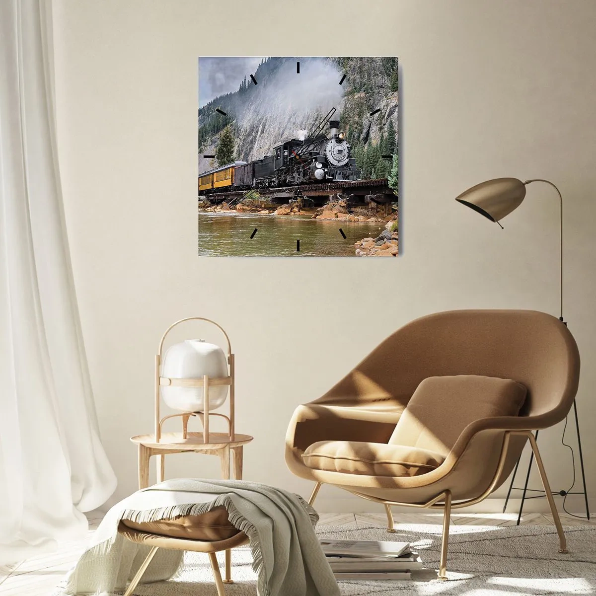 Orologio da parete - Orologio in Vetro - Una locomotiva a vapore su un ponte in un pittoresco paesaggio montano - 30x30cm - Dove andiamo? - Decorazione murale moderna per soggiorno e camera da letto ARTTOR