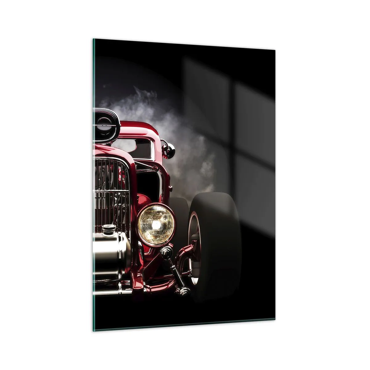 Quadro su vetro - Auto rossa rovente in un denso fumo - 50x70cm - Fast and furiously beautiful - Decorazione murale moderna per soggiorno e camera da letto ARTTOR