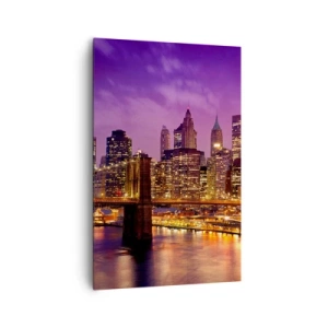 Quadro su tela - Stampe su Tela - Panorama della città con il ponte nella luce della sera contro il cielo viola - 80x120cm - Manhattan in viola e oro - Decorazione murale moderna per soggiorno e camera da letto ARTTOR
