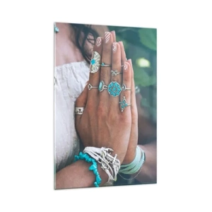 Quadro su vetro - Mani decorate con gioielli boho - 80x120cm - Benvenuto al centro dell'essere - Decorazione murale moderna per soggiorno e camera da letto ARTTOR