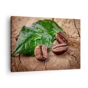 Quadro su tela - Stampe su Tela - Chicchi di caffè e foglia verde su uno sfondo di legno - 70x50cm - Nero e autentico - Decorazione murale moderna per soggiorno e camera da letto ARTTOR