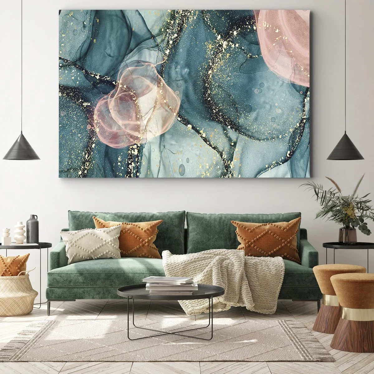 Quadro su tela - Stampe su Tela - Una composizione astratta nei toni del turchese e dell'oro. - 70x50cm - Blu di seta, rosa di tulle - Decorazione murale moderna per soggiorno e camera da letto ARTTOR