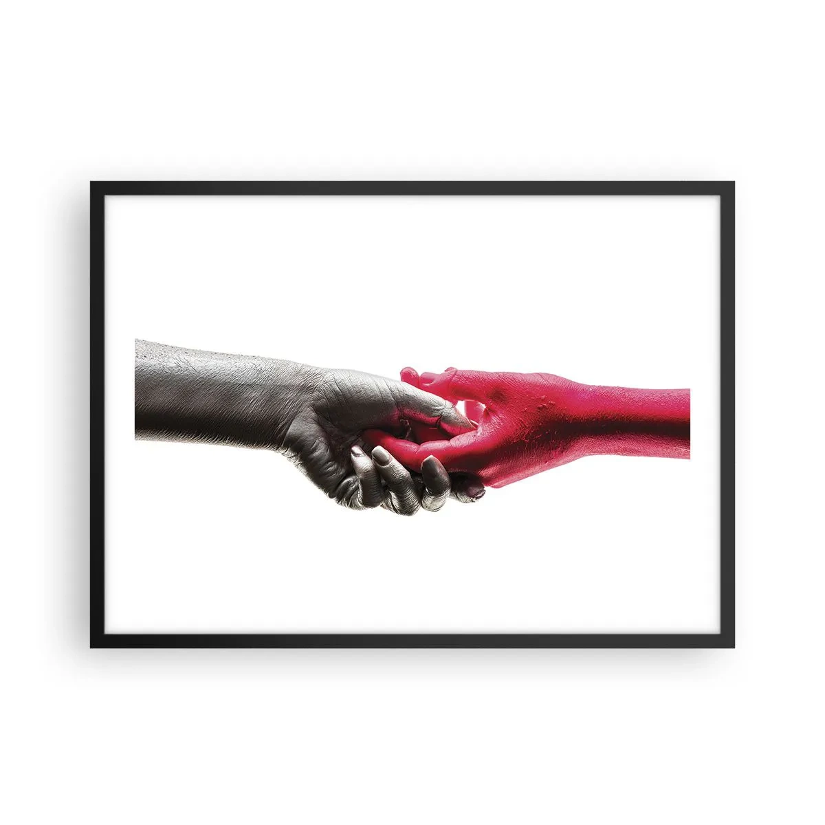 Poster in cornice nera - Mani simboliche in argento e rosso - 70x50cm - Insieme, sebbene diversi - Decorazione murale moderna per soggiorno e camera da letto ARTTOR