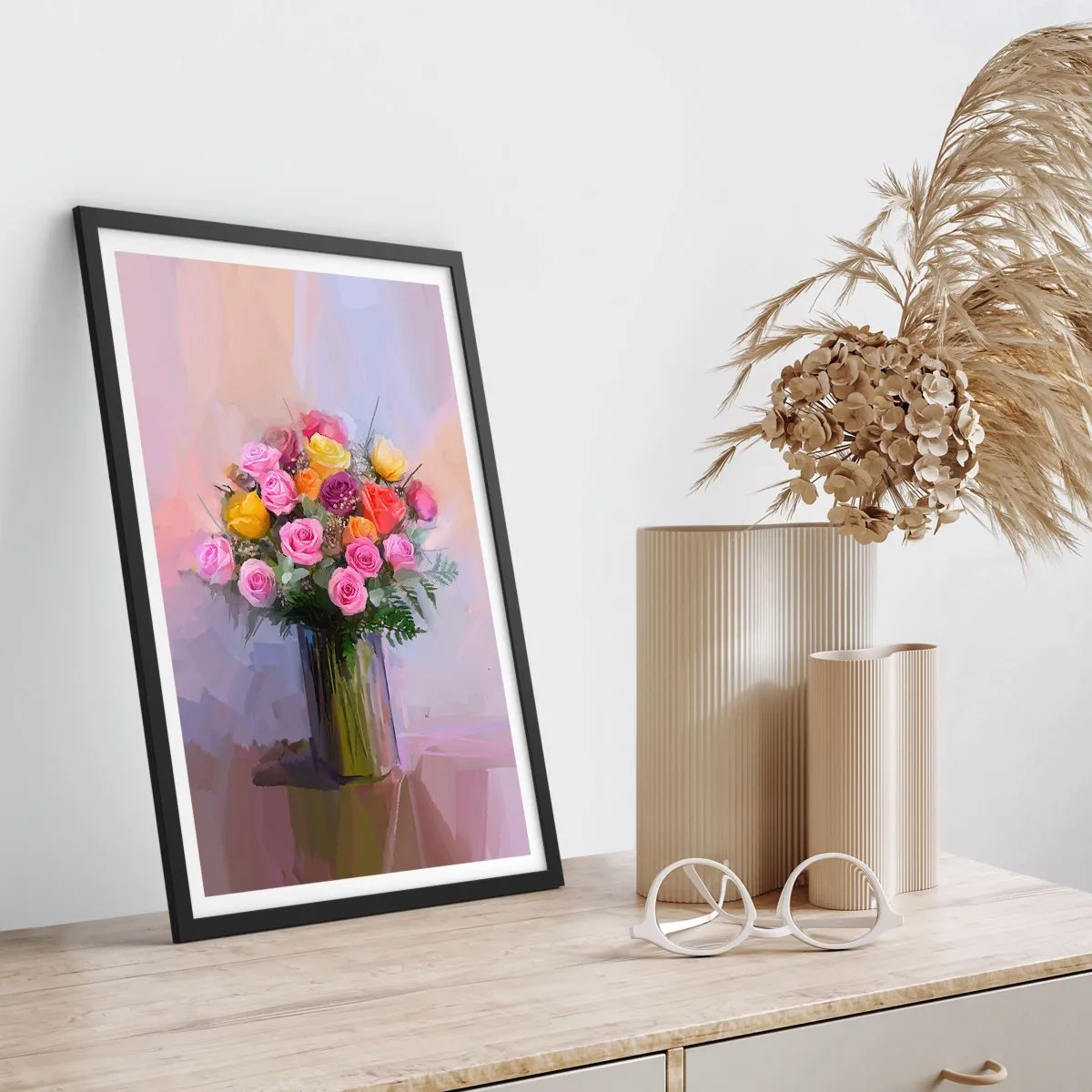 Poster in cornice nera - Un mazzo di rose e fiori in un vaso di vetro - 50x70cm - Bellezza immobile - Decorazione murale moderna per soggiorno e camera da letto ARTTOR