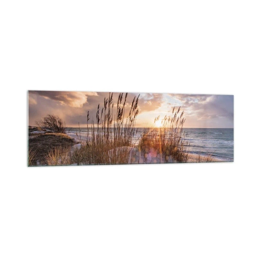 Quadro su vetro - Dune con erba sullo sfondo del sole al tramonto - 160x50cm - L'addio al sole e al vento - Decorazione murale moderna per soggiorno e camera da letto ARTTOR