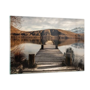 Quadro su vetro - Un molo di legno sopra un lago con vista sulle montagne sullo sfondo - 120x80cm - Paesaggio nel silenzio - Decorazione murale moderna per soggiorno e camera da letto ARTTOR