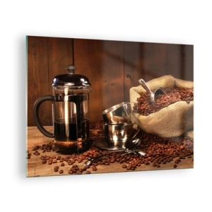 Quadro su vetro - Macchina per il caffè, tazze e un sacchetto di chicchi di caffè - 70x50cm - Magia del caffè: aroma e sapore - Decorazione murale moderna per soggiorno e camera da letto ARTTOR