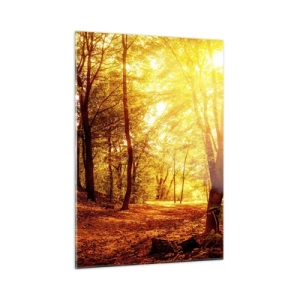 Quadro su vetro - Foresta autunnale illuminata dal caldo bagliore del sole - 50x70cm - Verso la radura dorata - Decorazione murale moderna per soggiorno e camera da letto ARTTOR