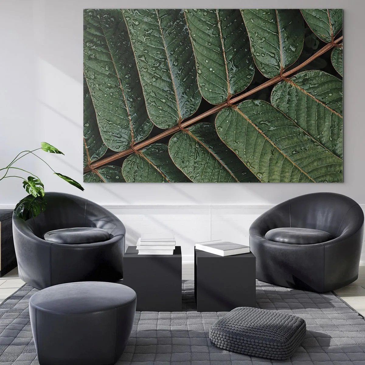 Quadro su vetro - Primo piano di foglie verdi con gocce d'acqua - 120x80cm - Al ritmo verde - Decorazione murale moderna per soggiorno e camera da letto ARTTOR