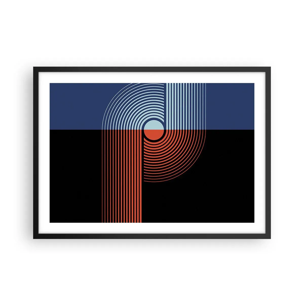 Poster in cornice nera - Astrazione geometrica con linee blu navy e arancione. - 70x50cm - Nell'abbraccio geometrico - Decorazione murale moderna per soggiorno e camera da letto ARTTOR