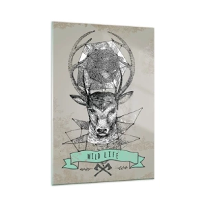 Quadro su vetro - Disegno geometrico di un cervo con la scritta Wild Life - 50x70cm - La visione di Sant'Uberto - Decorazione murale moderna per soggiorno e camera da letto ARTTOR