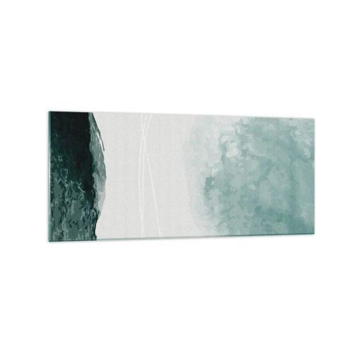 Quadro su vetro - Una delicata composizione astratta nelle tonalità del verde, con forme delicate su uno sfondo chiaro. - 120x50cm - Incontro con la nebbia - Decorazione murale moderna per soggiorno e camera da letto ARTTOR