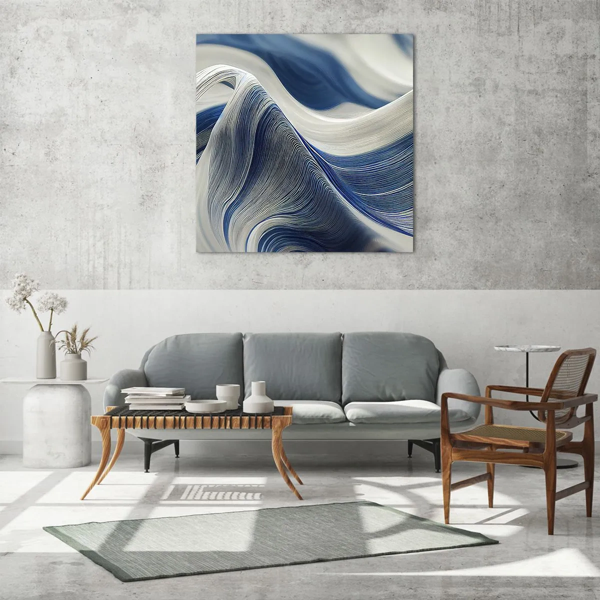Quadro su vetro - Fluidità di blu e di bianco - 30x30 cm