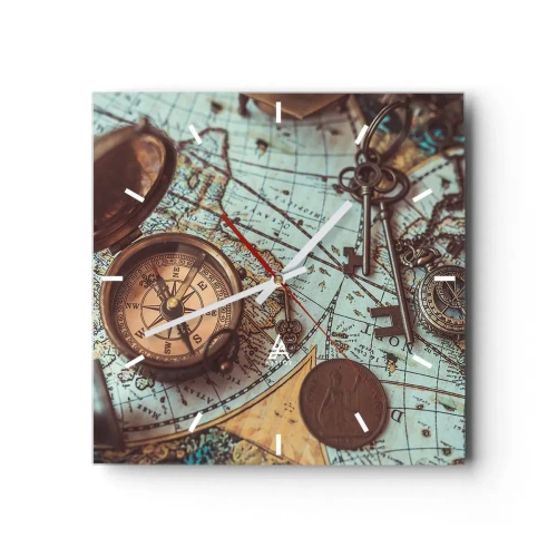 Orologio da parete - Orologio in Vetro - Composizione con bussola, chiavi e una vecchia mappa in stile retrò - 30x30cm - Per il cercatore di avventure - Decorazione murale moderna per soggiorno e camera da letto ARTTOR