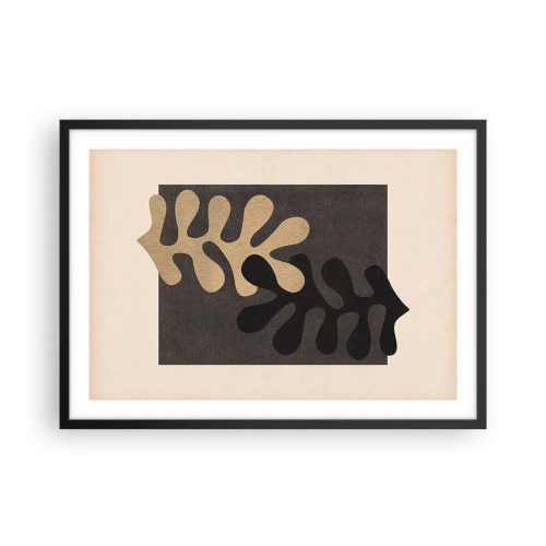 Poster in cornice nera - Foglie astratte in nero e beige su uno sfondo rettangolare - 70x50cm - Assenza e completamento - Decorazione murale moderna per soggiorno e camera da letto ARTTOR