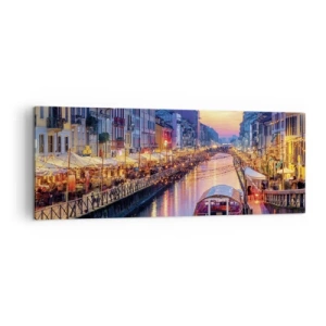 Quadro su tela - Stampe su Tela - Un canale illuminato circondato da edifici colorati - 140x50cm - Sera di luce e di divertimento - Decorazione murale moderna per soggiorno e camera da letto ARTTOR