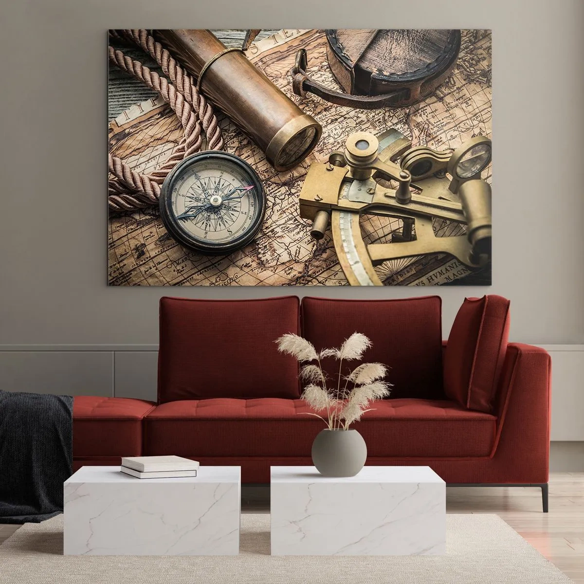 Quadro su vetro - Bussola, mappa e strumenti di navigazione in stile retrò - 120x80cm - Traccia la rotta - Decorazione murale moderna per soggiorno e camera da letto ARTTOR