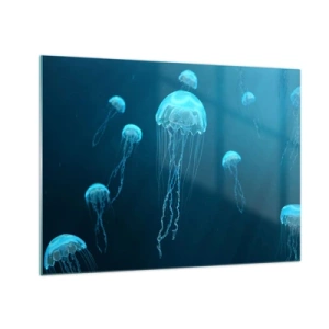 Quadro su vetro - Meduse che galleggiano nel profondo oceano blu - 70x50cm - La danza oceanica - Decorazione murale moderna per soggiorno e camera da letto ARTTOR