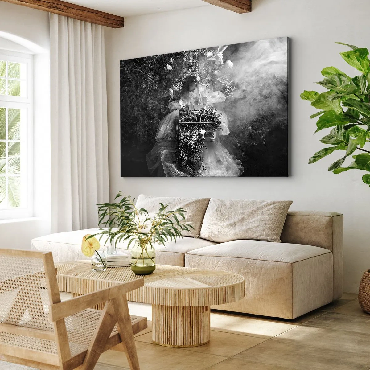 Quadro su tela - Stampe su Tela - Una composizione in bianco e nero con una figura vestita e una gabbia nella nebbia. - 100x70cm - Madre natura stessa - Decorazione murale moderna per soggiorno e camera da letto ARTTOR