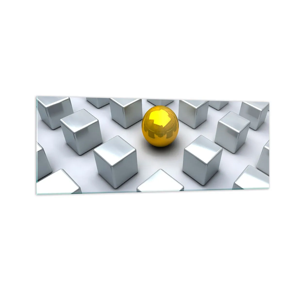 Quadro su vetro - Una sfera dorata che spicca tra i cubi d'argento - 140x50cm - Perché io? Composizione geometrica - Decorazione murale moderna per soggiorno e camera da letto ARTTOR