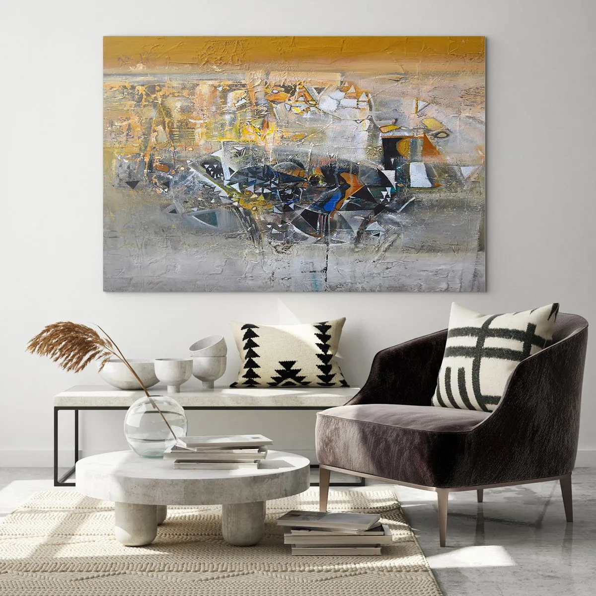 Quadro su vetro - Astrazione artistica in oro, argento e grigio - 100x70cm - Tutto andrà bene - Decorazione murale moderna per soggiorno e camera da letto ARTTOR