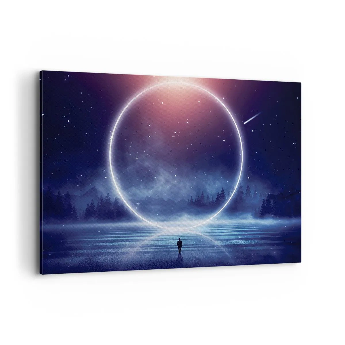 Quadro su tela - Stampe su Tela - Un paesaggio magico con una figura e un cerchio di luce di notte - 120x80cm - Sono già qui... - Decorazione murale moderna per soggiorno e camera da letto ARTTOR