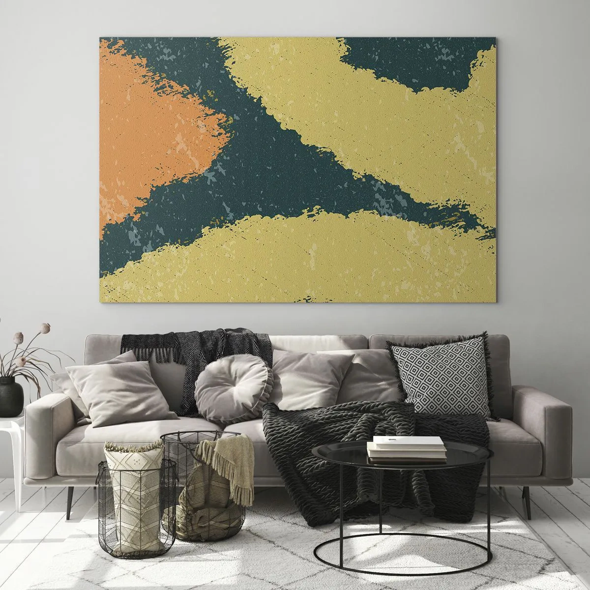 Quadro su vetro - Un'astrazione fluida nei colori senape, verde e arancione. - 120x80cm - Astrazione: movimento lento - Decorazione murale moderna per soggiorno e camera da letto ARTTOR