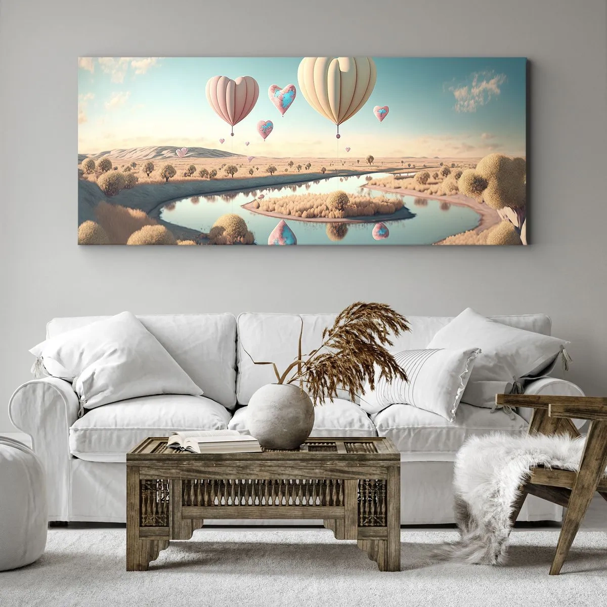 Quadro su tela - Stampe su Tela - Palloncini a forma di cuore che fluttuano sopra il paesaggio - 140x50cm - L'amore permette di volare - Decorazione murale moderna per soggiorno e camera da letto ARTTOR