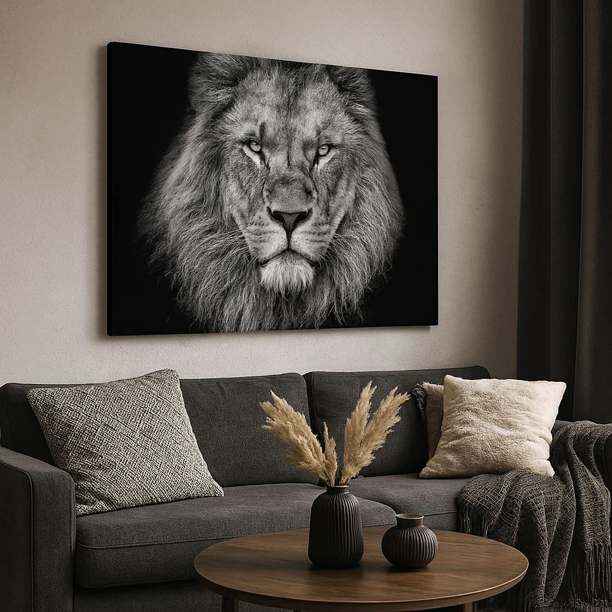 Quadro su tela - Stampe su Tela - Ritratto di un maestoso leone in bianco e nero - 70x50cm - Nell'abito dell'incoronazione - Decorazione murale moderna per soggiorno e camera da letto ARTTOR
