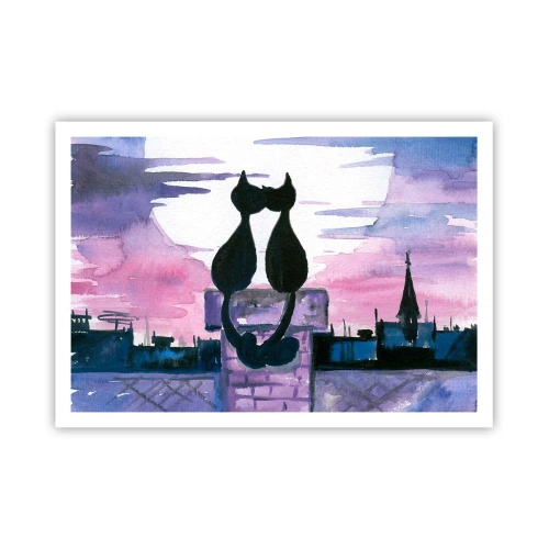 Poster - Gatti neri su un tetto al chiaro di luna in un ambiente acquerello - 100x70cm - Appuntamento sotto la luna - Decorazione murale moderna per soggiorno e camera da letto ARTTOR