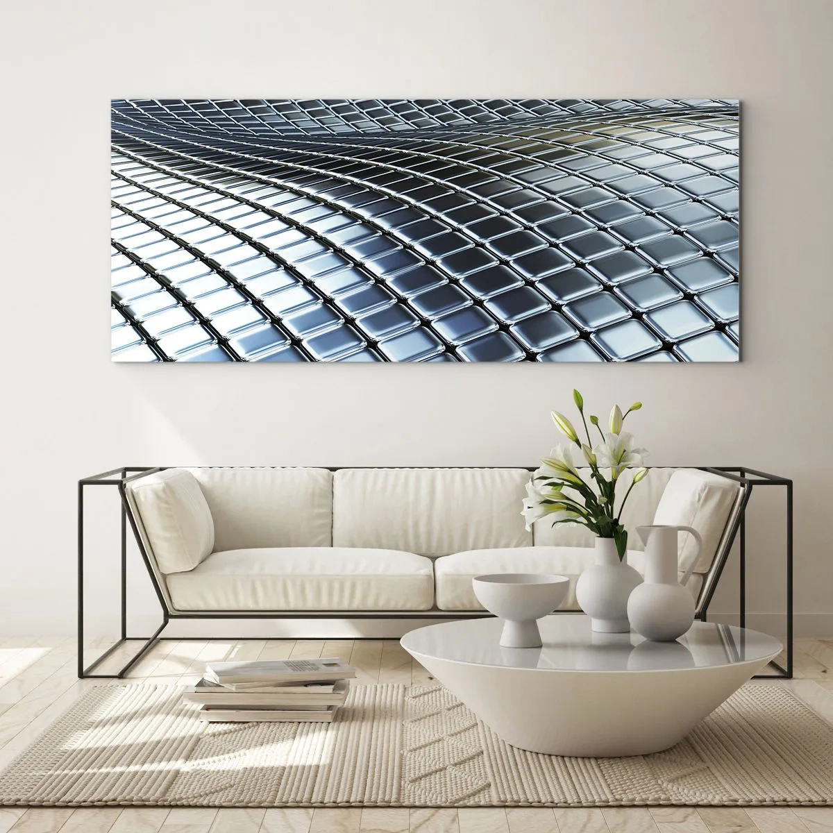 Quadro su vetro - Struttura moderna realizzata con quadrati metallici - 160x50cm - Onda metallica argentea - Decorazione murale moderna per soggiorno e camera da letto ARTTOR