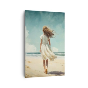 Quadro su tela - Stampe su Tela - Una donna in abito bianco che cammina sulla spiaggia in una giornata di sole - 80x120cm - Dove sole e vento si incontrano - Decorazione murale moderna per soggiorno e camera da letto ARTTOR
