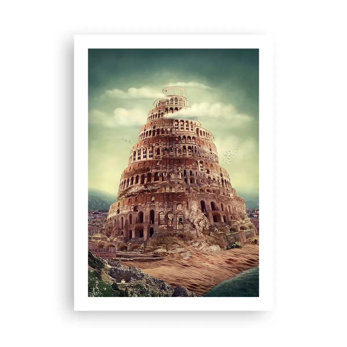Poster - La mitica Torre di Babele in un paesaggio pittoresco - 50x70cm - La torre di Babele - Decorazione murale moderna per soggiorno e camera da letto ARTTOR
