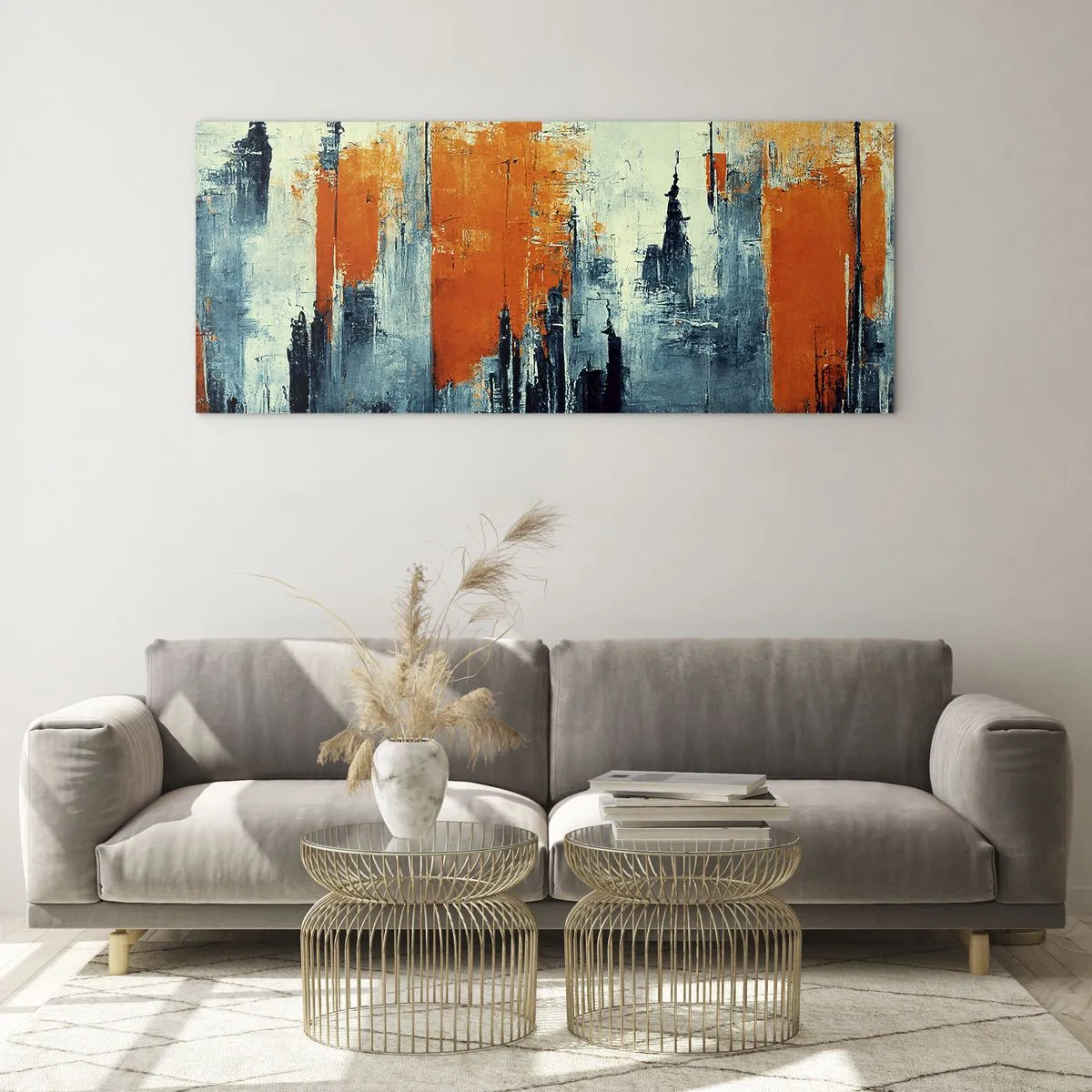 Quadro su vetro - Paesaggio urbano astratto nei toni dell'arancione e del blu - 160x50cm - Paesaggio moderno - Decorazione murale moderna per soggiorno e camera da letto ARTTOR