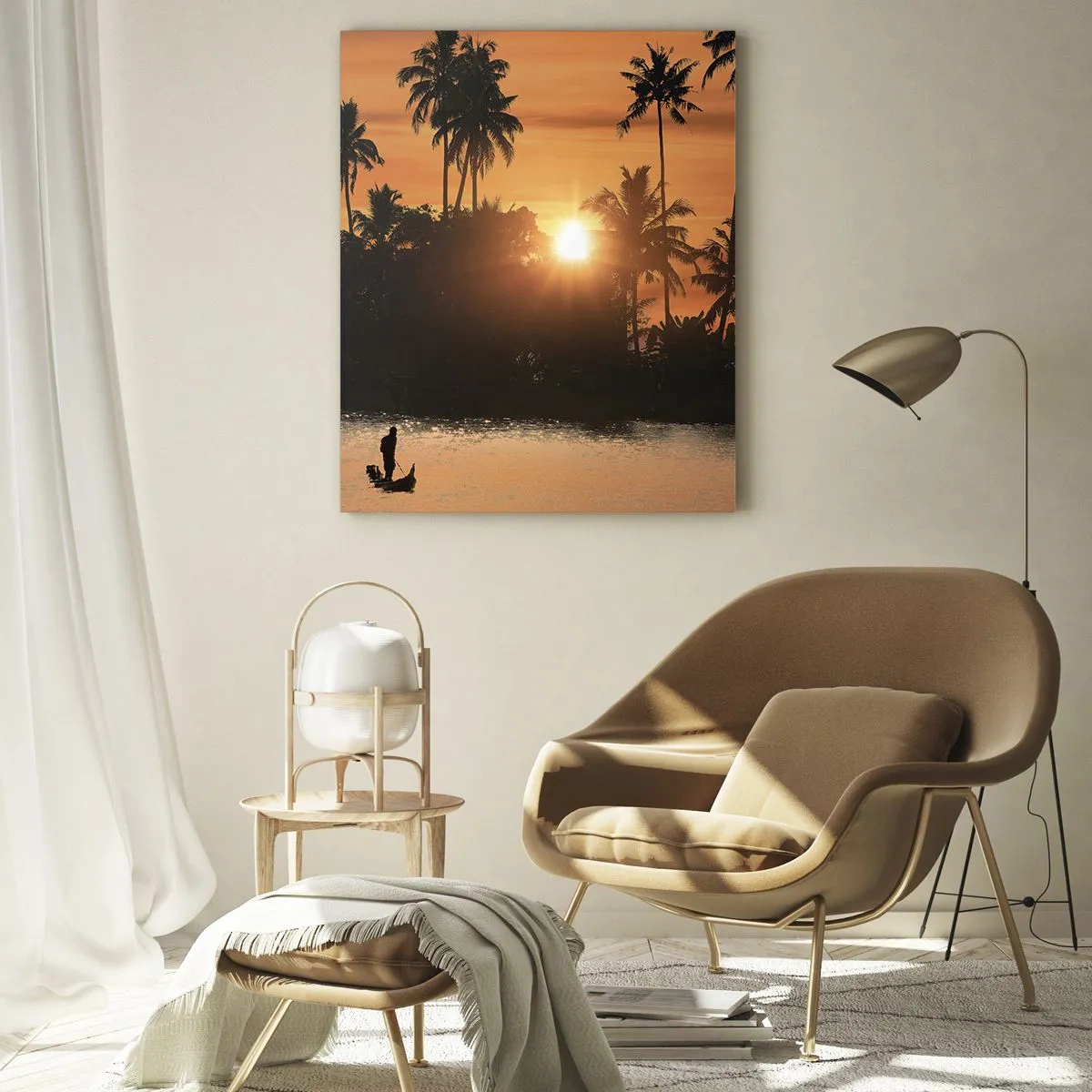Quadro su vetro - Tramonto sulle palme e un lago calmo con una barca - 70x100cm - Il tempo del riposo - Decorazione murale moderna per soggiorno e camera da letto ARTTOR
