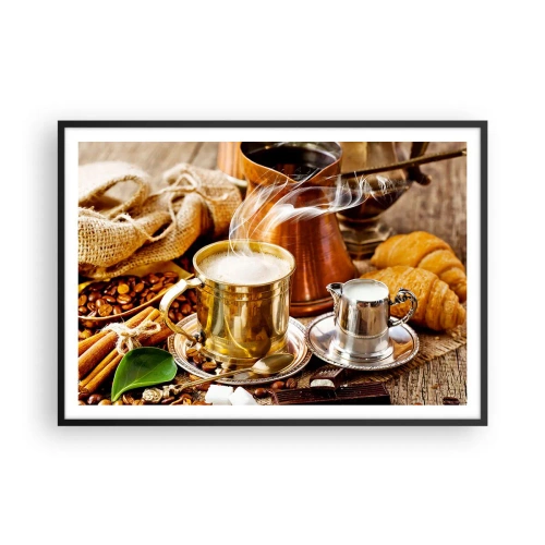 Poster in cornice nera - Una tazza di caffè dorata circondata da chicchi, brocche e croissant - 100x70cm - Buona giornata! - Decorazione murale moderna per soggiorno e camera da letto ARTTOR