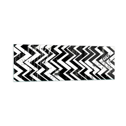 Quadro su vetro - Motivo a zigzag bianco e nero con abrasioni artistiche - 160x50cm - Zig-bianco, zag-nero - Decorazione murale moderna per soggiorno e camera da letto ARTTOR