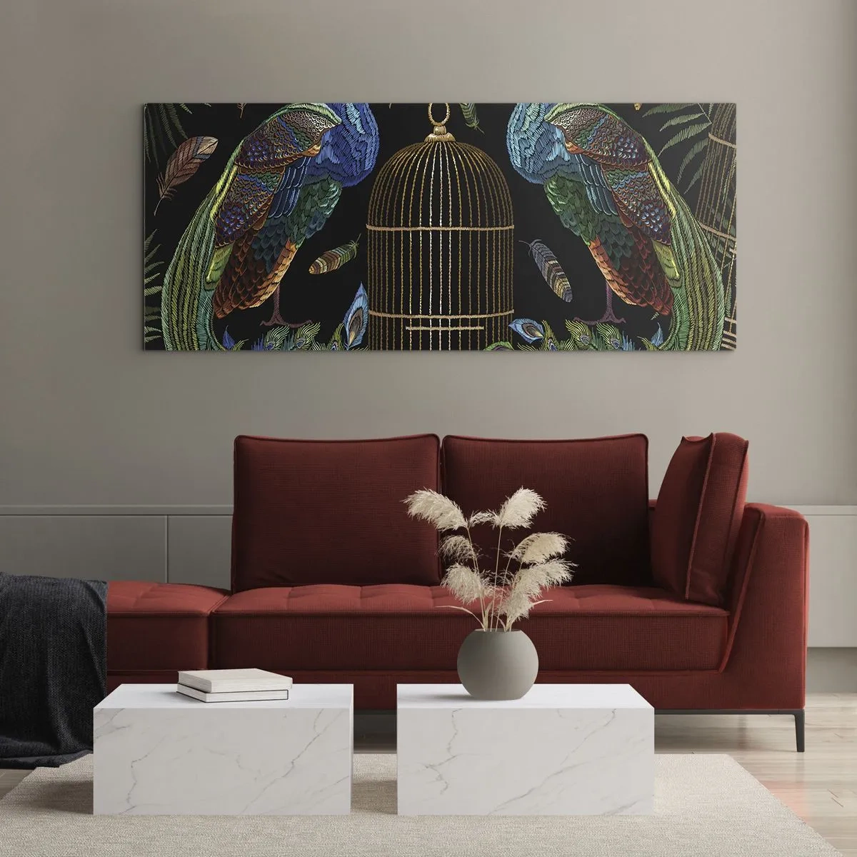 Quadro su vetro - Pavoni accanto a una gabbia dorata su sfondo nero - 160x50cm - Con gli abiti reali - Decorazione murale moderna per soggiorno e camera da letto ARTTOR