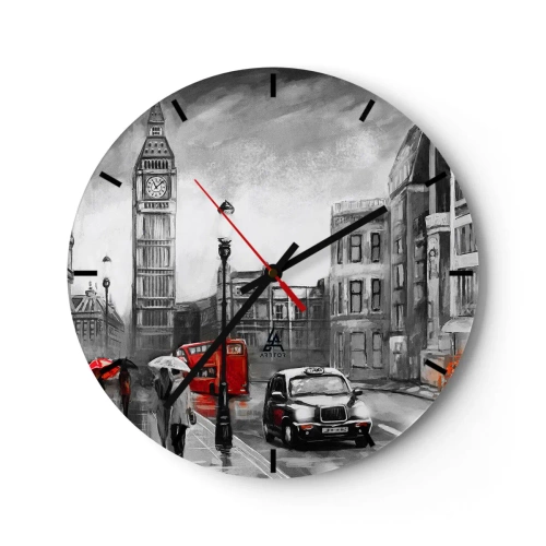 Orologio da parete - Orologio in Vetro - Il Big Ben e una strada di Londra con un autobus rosso e un taxi - 30x30cm - Una città per niente grigia - Decorazione murale moderna per soggiorno, cucina e camera da letto ARTTOR