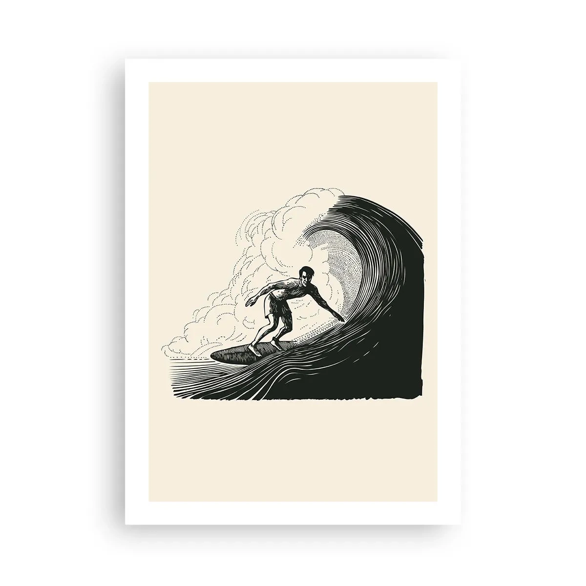 Poster - Grafica retrò di un surfista su un'onda, composizione in nero e crema - 50x70cm - Il re delle onde - Decorazione murale moderna per soggiorno e camera da letto ARTTOR