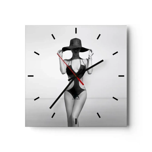 Orologio da parete - Orologio in Vetro - Silhouette in bianco e nero di una donna con un cappello sullo sfondo del mare - 30x30cm - Il mio nome è Eleganza - Decorazione murale moderna per soggiorno e camera da letto ARTTOR