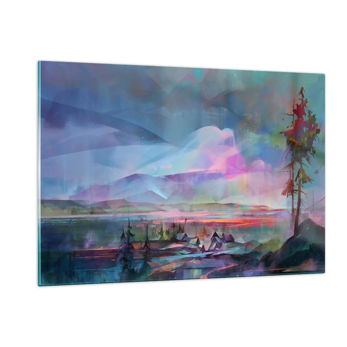 Quadro su vetro - Un paesaggio colorato con montagne e cottage in stile surreale. - 120x80cm - Sotto un cielo benevolo - Decorazione murale moderna per soggiorno e camera da letto ARTTOR