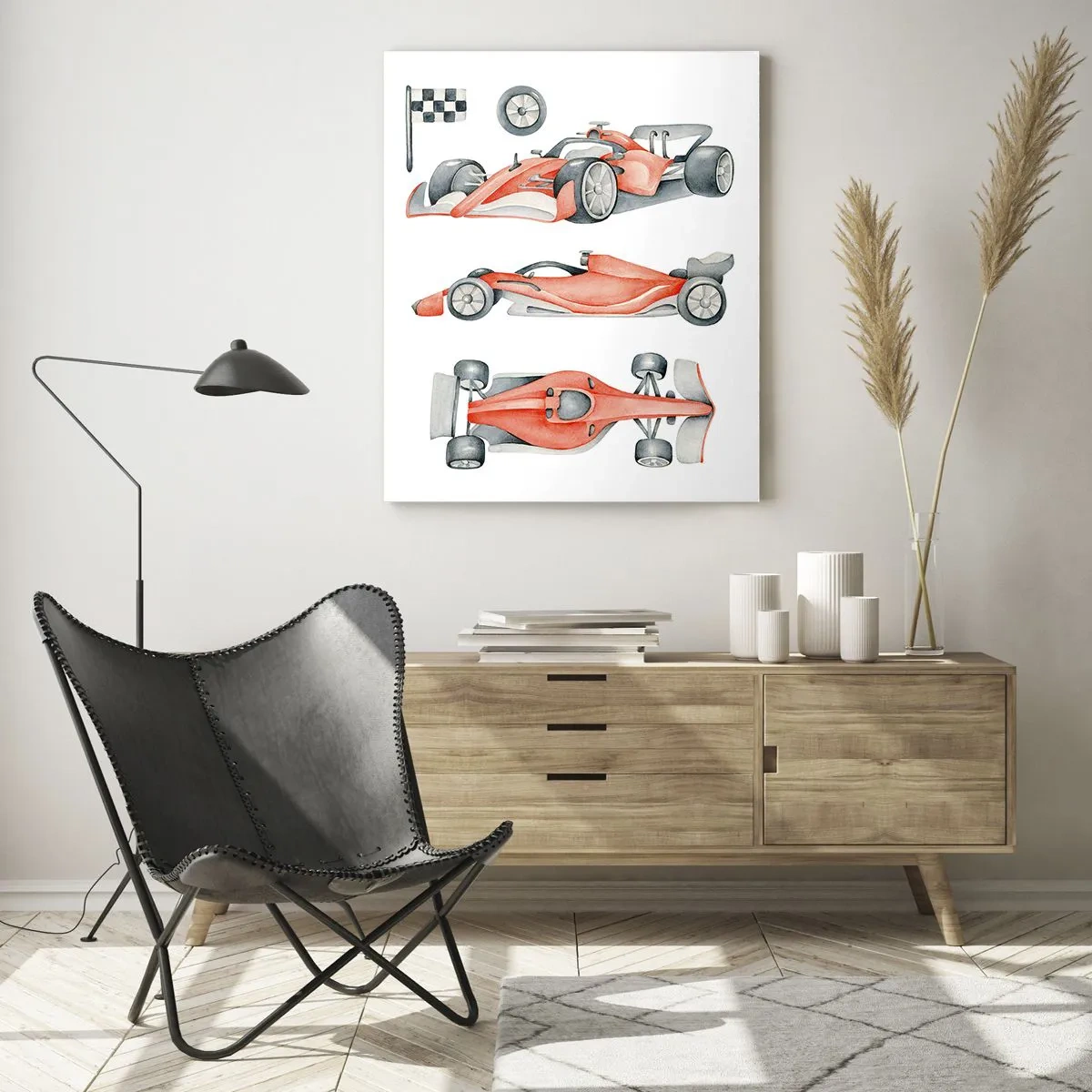 Quadro su vetro - Un'auto da corsa rossa con una bandiera a scacchi - 70x100cm - Inseguendo i sogni - Decorazione murale moderna per soggiorno e camera da letto ARTTOR