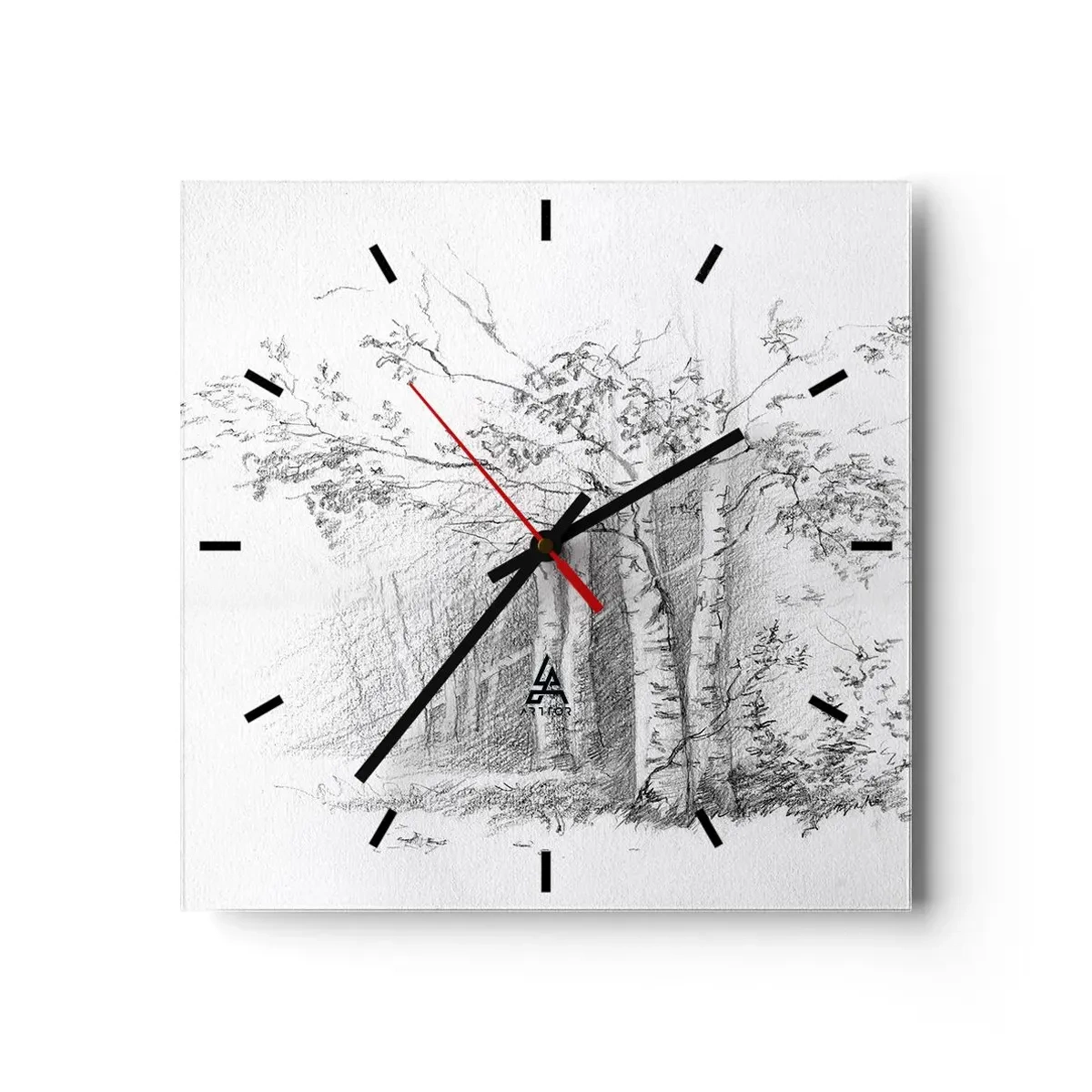 Orologio da parete - Orologio in Vetro - Un disegno di una foresta di betulle in un sottile schizzo a matita - 30x30cm - La luce della foresta di betulle - Decorazione murale moderna per soggiorno e camera da letto ARTTOR